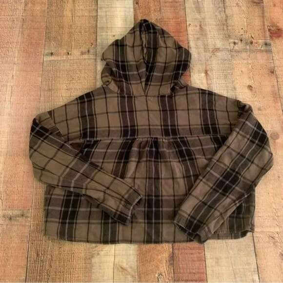 Soul cake womens size medium cropped brown and tan plaid long sleeve hooded top - Picture 4 of 6